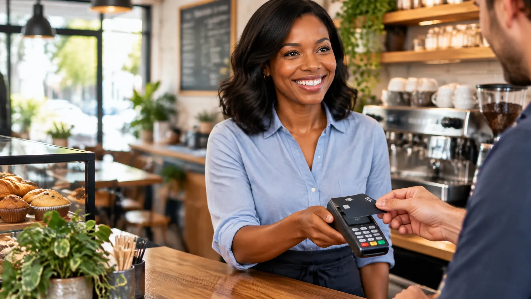 A small business owner accepting a card payment at the counter
